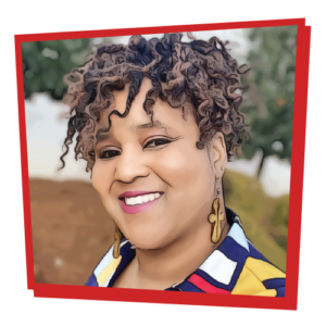 Photo of A. Kai Mumpfield, stylized to resemble a comic book illustration. The image is surrounded by a red, asymmetrical frame.