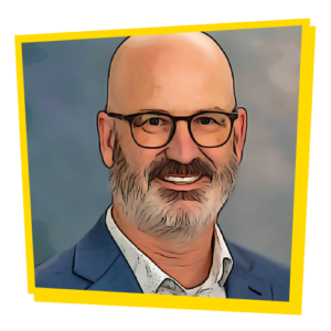 Image of Brian Bride, styled to look like a comic illustration, surrounded by a yellow, asymmetrical frame,