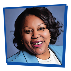 Photograph of Elizabeth Pope stylized to look like a comic book illustration. The picture is surrounded by an asymmetrical, bright-blue frame.