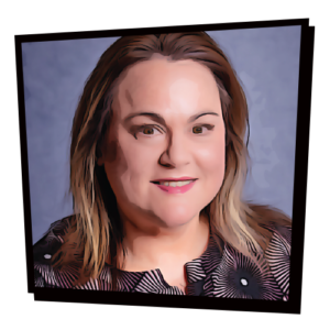 Photograph of Emily DeAngelis, styled to look like a comic book illustration. The picture is surrounded by a black, asymmetrical frame.