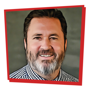 Photograph of Evan Seiden, stylized to look like a comic book illustration. The picture is surrounded by a bright red, asymmetrical frame.