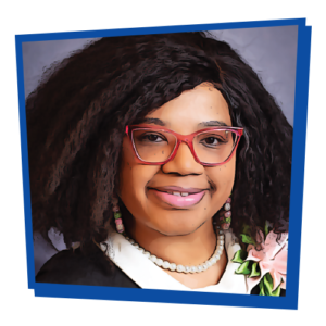 Photograph of Hyacinth McKee, stylized to look like a comic book illustration. The image is surrounded by a bright blue, asymmetrical frame.