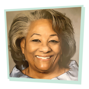 Photograph of M. Jenise Comer, stylized to look like a comic book image. The photo is surrounded by a mint green, asymmetrical frame.