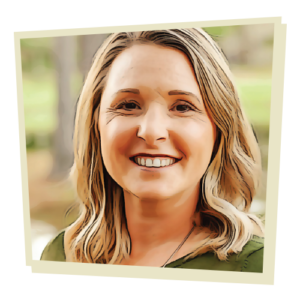 Photograph of Lindsey Gurley, stylized to look like a comic book image. The photo is surrounded by a butter yellow, asymmetrical frame.