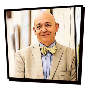 Photograph of Bob McKinney, stylized to look like a comic book illustration. The picture is surrounded by a black, asymmetrical frame.