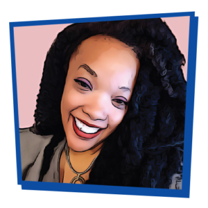 Photograph of LaTasha Roberson-Guifarro, stylized to look like a comic book image. The image is surrounded by a bright blue, asymmetrical frame.
