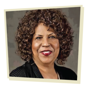 Photograph of Saundra Starks, stylized to look like a comic book illustration. The image is surrounded by a butter-yellow, asymmetrical frame.