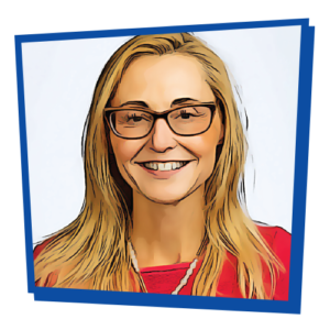 Photograph of Susan Reay, stylized to look like a comic book illustration. The photo is surrounded by a bright blue, asymmetrical frame.