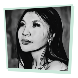 Photograph of Terri Cardinal, stylized to look like a comic book illustration. The photo is surrounded by a mint green, asymmetrical frame.